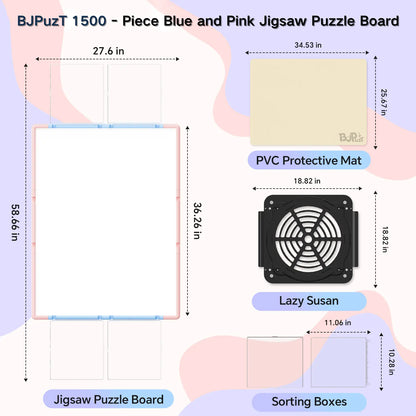 Diagram showing the dimensions of the pink and blue 1500 piece puzzle board, the revolving lazy susan base, sorting boxes, and PVC protective mat.