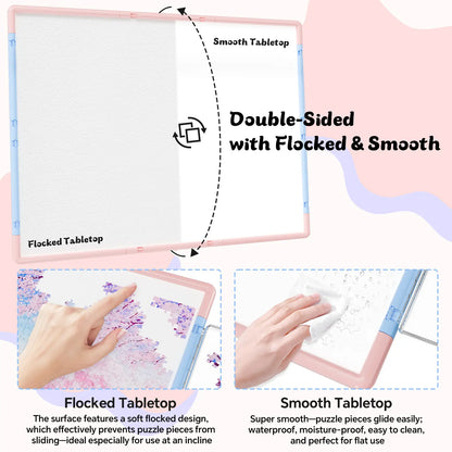 A comparison of the double-sided puzzle board surface: a non-slip flocked tabletop to grip pieces and a smooth, easy-to-clean waterproof side.