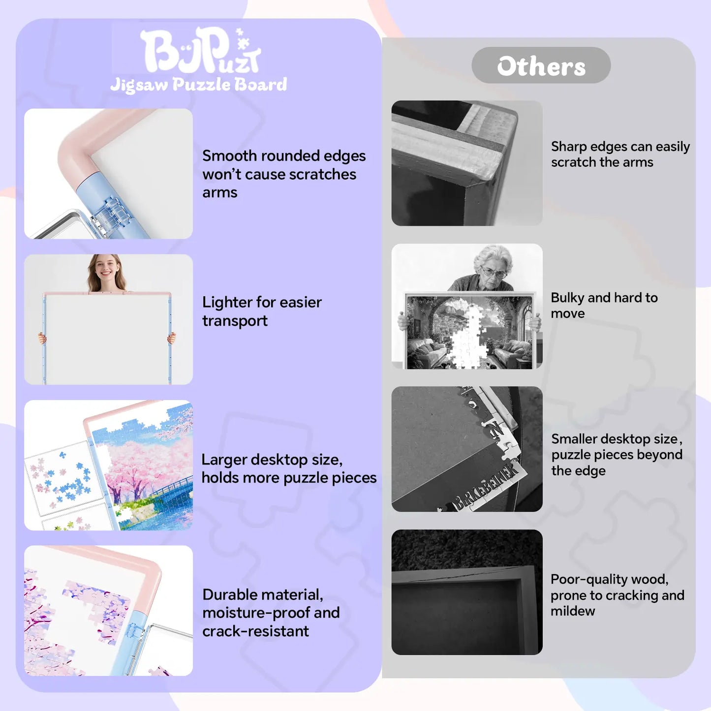 A comparison chart highlighting the benefits of our puzzle board, such as durable, crack-resistant materials and smooth edges, versus other brands.