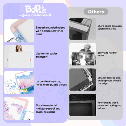 A comparison chart highlighting the benefits of our puzzle board, such as durable, crack-resistant materials and smooth edges, versus other brands.