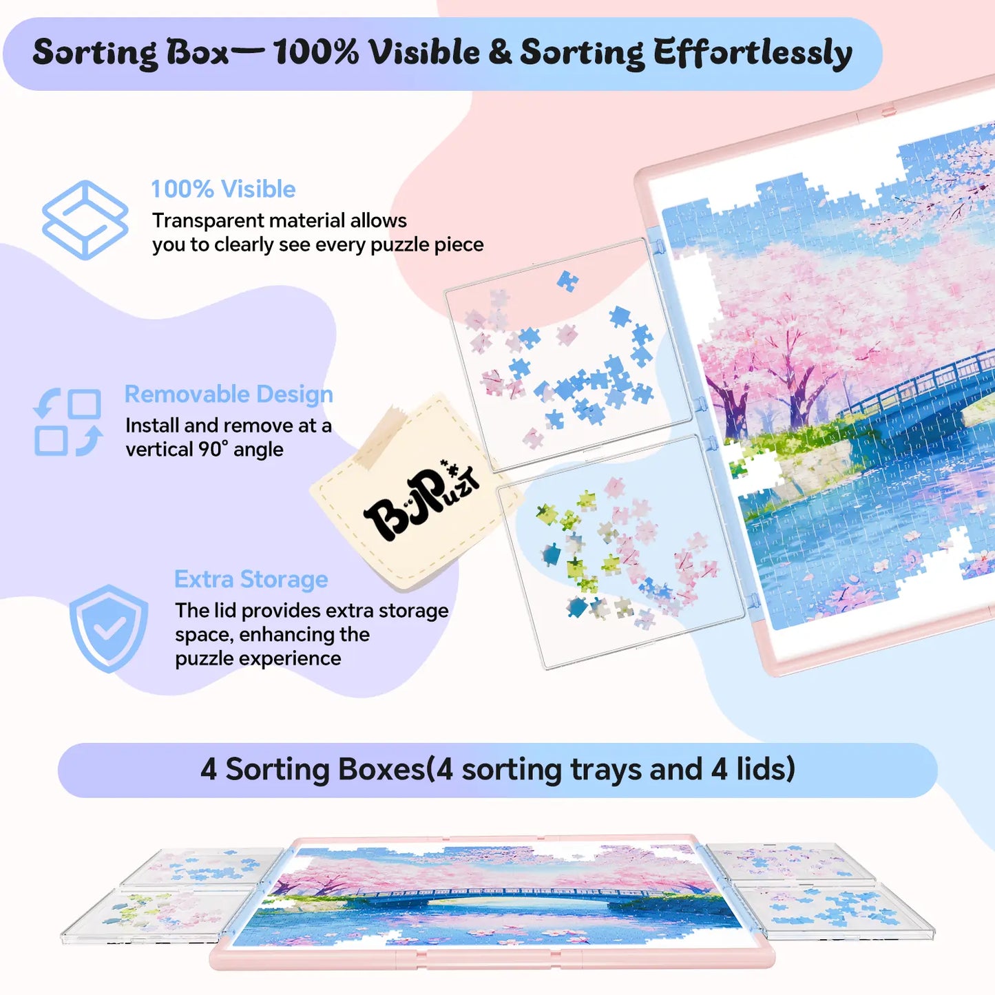 Close-up of the four transparent sorting boxes, showing how they are 100% visible, easily removable, and have lids that provide extra storage.
