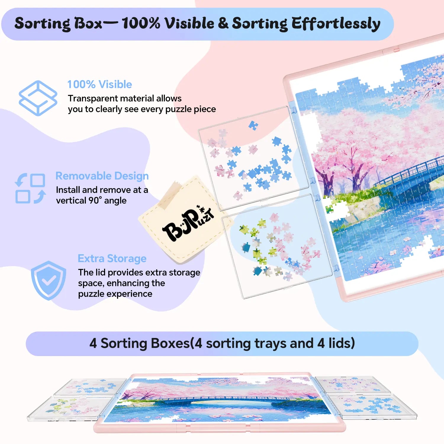 Close-up of the four transparent sorting boxes, showing how they are 100% visible, easily removable, and have lids that provide extra storage.