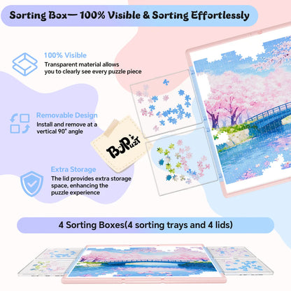 Close-up of the four transparent sorting boxes, showing how they are 100% visible, easily removable, and have lids that provide extra storage.