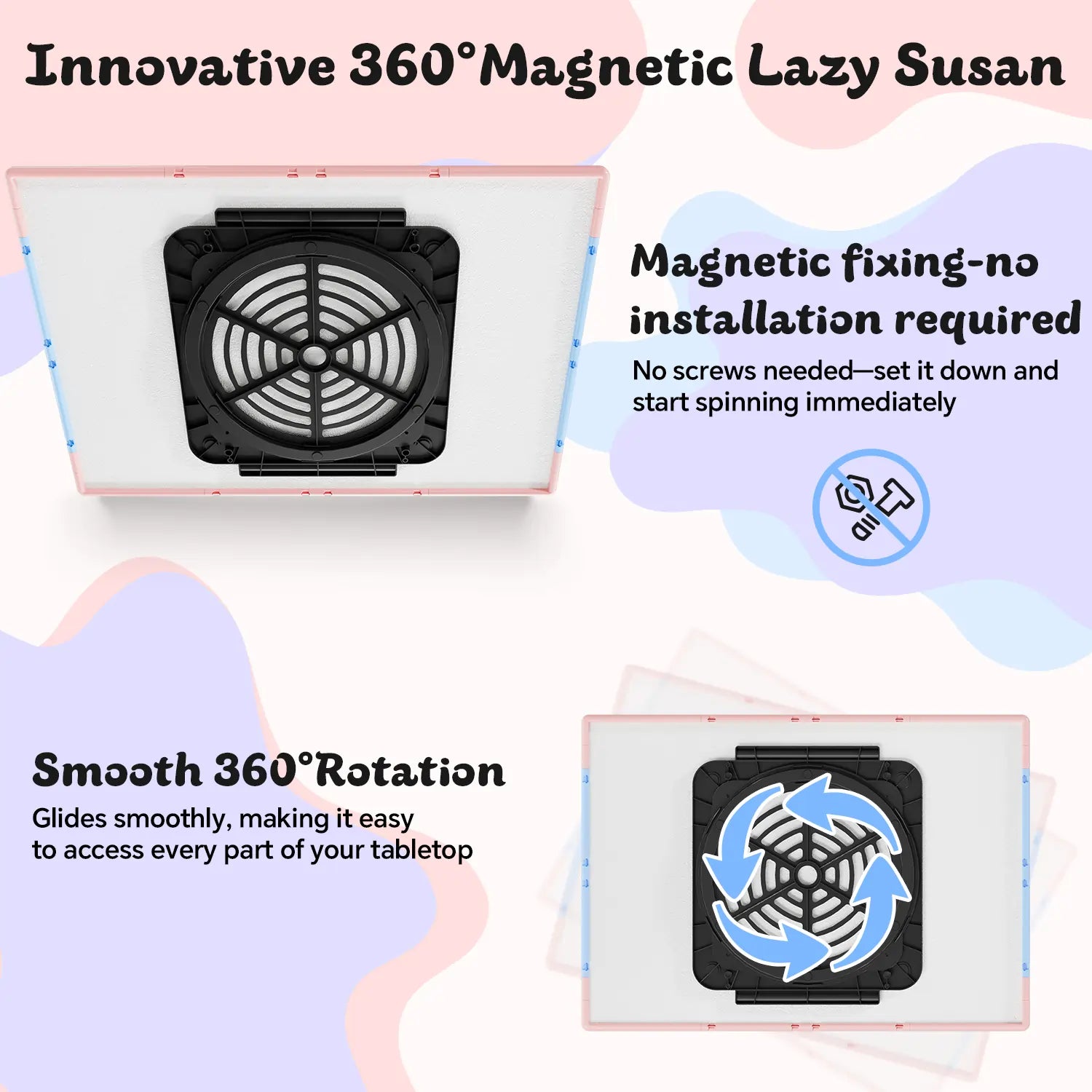 Illustration of the 360-degree rotating design, highlighting the innovative magnetic lazy susan base that allows for smooth, installation-free spinning.