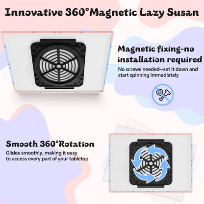 Illustration of the 360-degree rotating design, highlighting the innovative magnetic lazy susan base that allows for smooth, installation-free spinning.