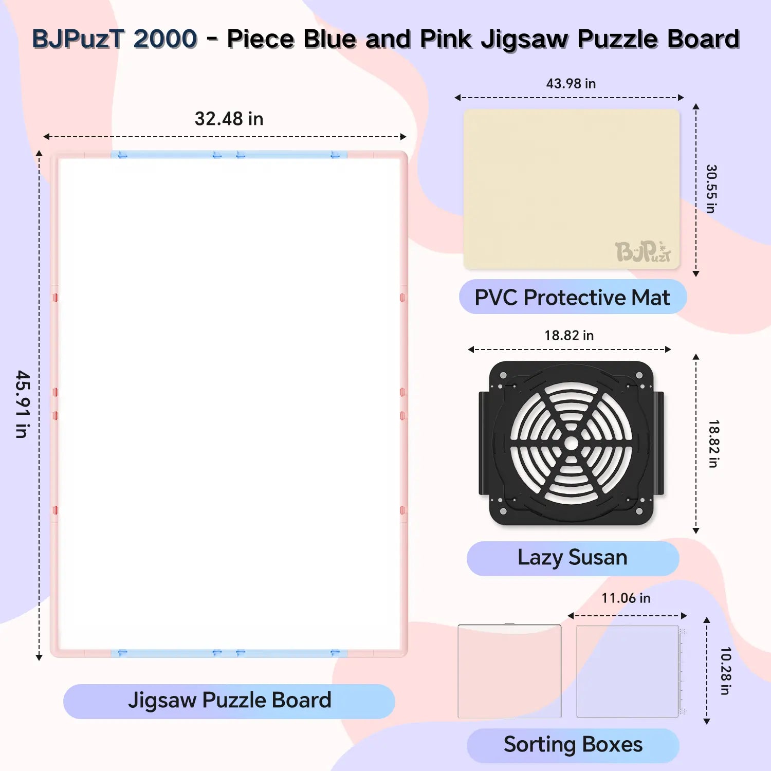 Diagram showing the dimensions of the pink and blue 2000 piece puzzle board, the revolving lazy susan base, sorting boxes, and PVC protective mat.