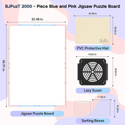 Diagram showing the dimensions of the pink and blue 2000 piece puzzle board, the revolving lazy susan base, sorting boxes, and PVC protective mat.