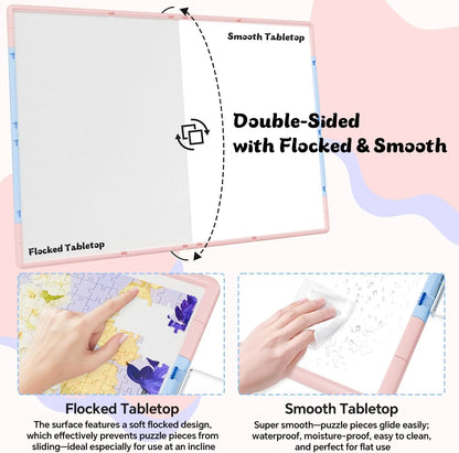 A comparison of the double-sided puzzle board surface: a non-slip flocked tabletop to grip pieces and a smooth, easy-to-clean waterproof side.