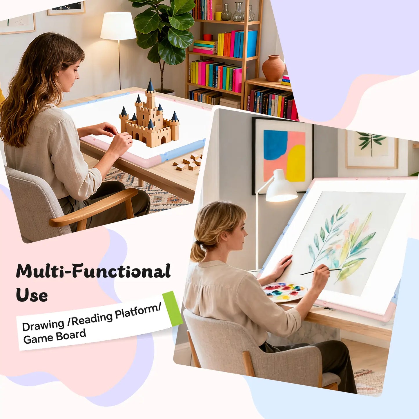 Two examples of the puzzle board's multi-functional use: a woman building a 3D model and another woman using it as a drawing easel.