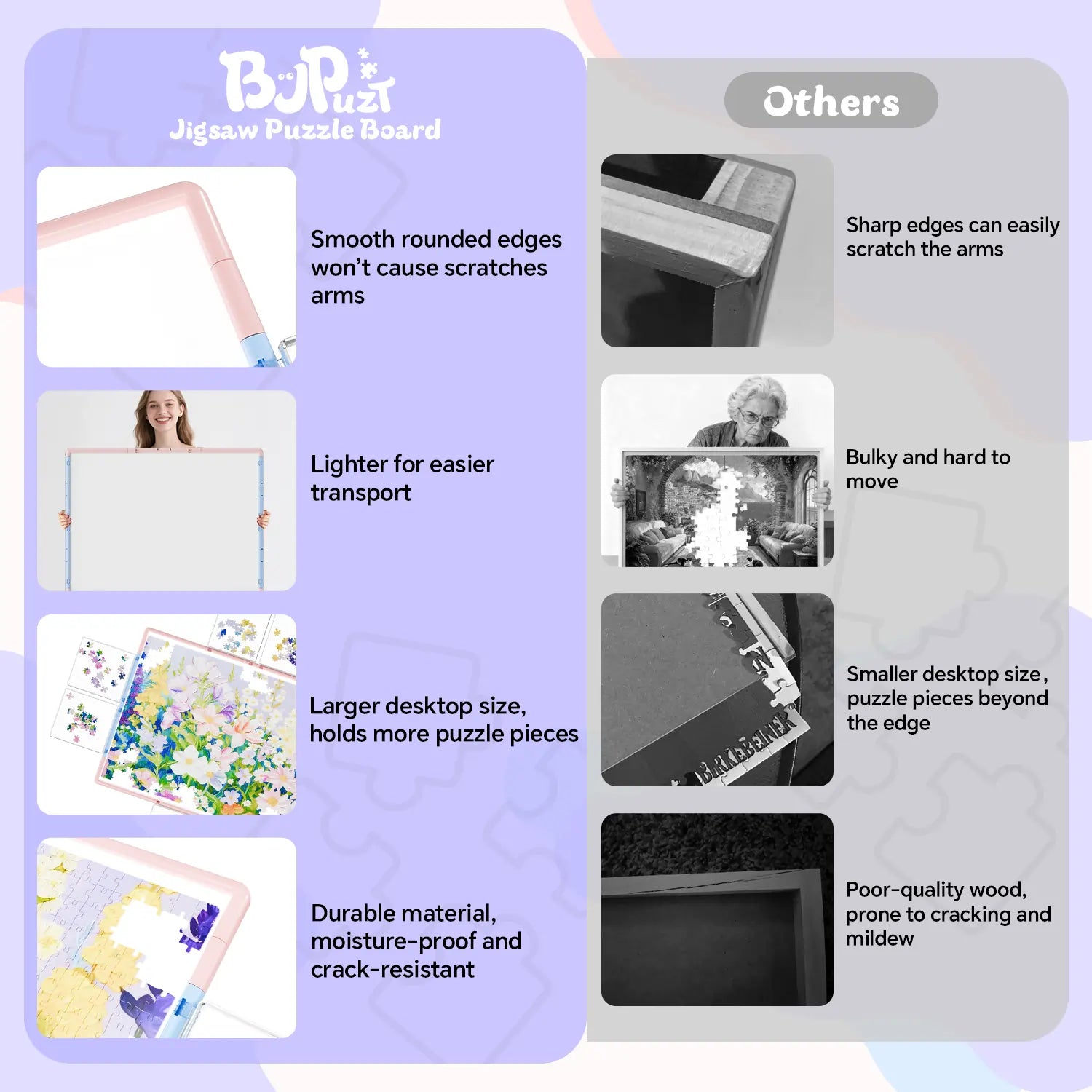 A comparison chart highlighting the benefits of our puzzle board, such as durable, crack-resistant materials and smooth edges, versus other brands.