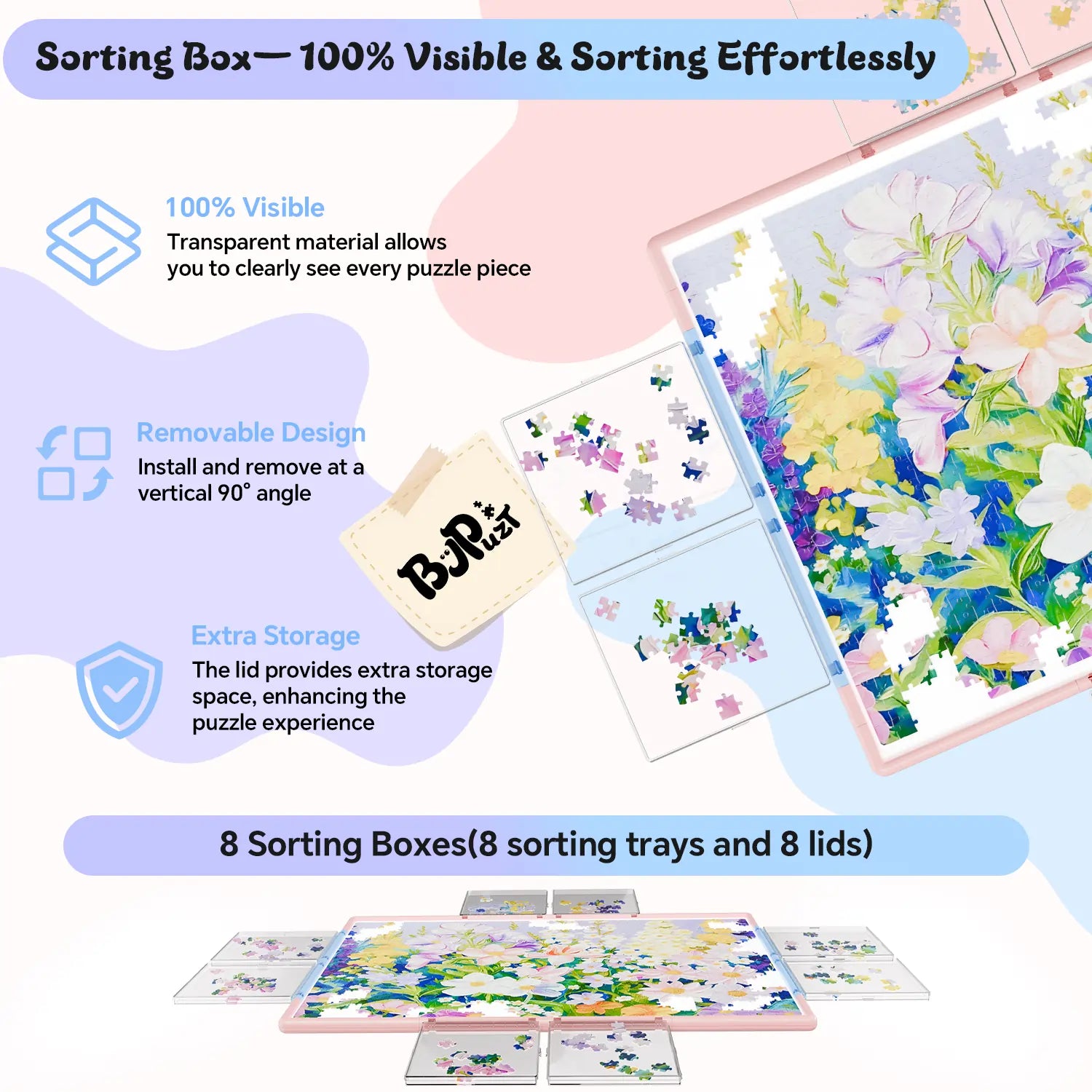 Close-up of the eight transparent sorting boxes, showing how they are 100% visible, easily removable, and have lids that provide extra storage.
