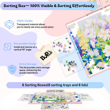 Close-up of the eight transparent sorting boxes, showing how they are 100% visible, easily removable, and have lids that provide extra storage.