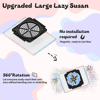 Illustration of the 360-degree rotating design, highlighting the upgraded large lazy susan base that attaches magnetically for easy, installation-free spinning.