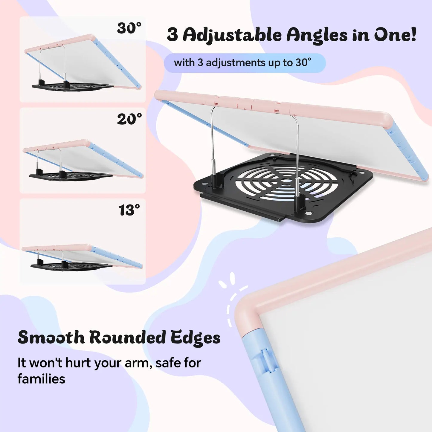 The pink and blue puzzle board demonstrating its 3-level adjustable tilt feature at 13, 20, and 30 degrees for ergonomic comfort, with a close-up of the smooth rounded edges.