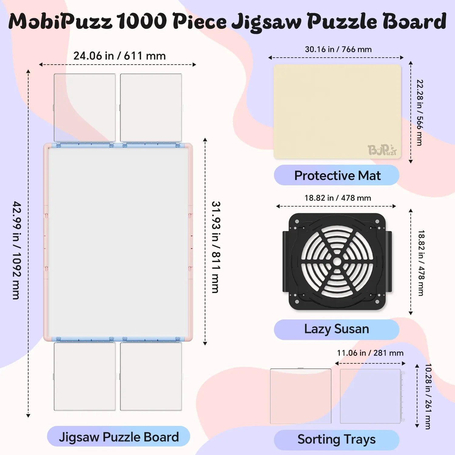 Diagram showing the dimensions of the pink and blue 1000 piece puzzle board, the revolving lazy susan base, sorting trays, and protective mat.