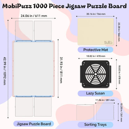Diagram showing the dimensions of the pink and blue 1000 piece puzzle board, the revolving lazy susan base, sorting trays, and protective mat.
