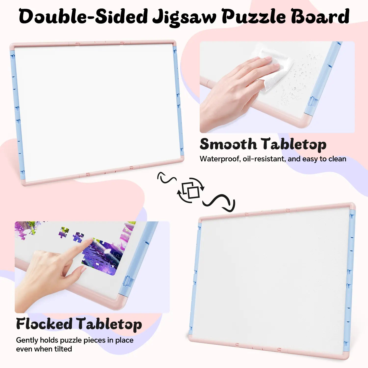 A comparison of the double-sided puzzle board surface: a soft pink flocked tabletop to grip pieces and a smooth, easy-to-clean waterproof side.