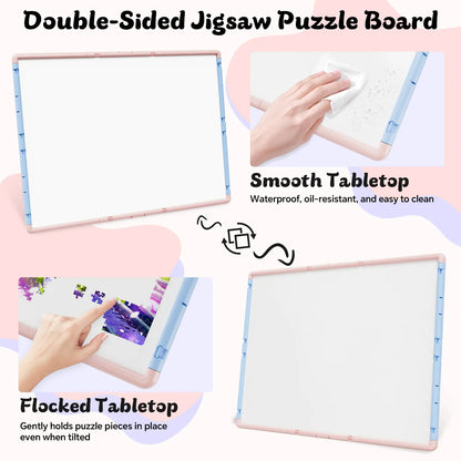 A comparison of the double-sided puzzle board surface: a soft pink flocked tabletop to grip pieces and a smooth, easy-to-clean waterproof side.