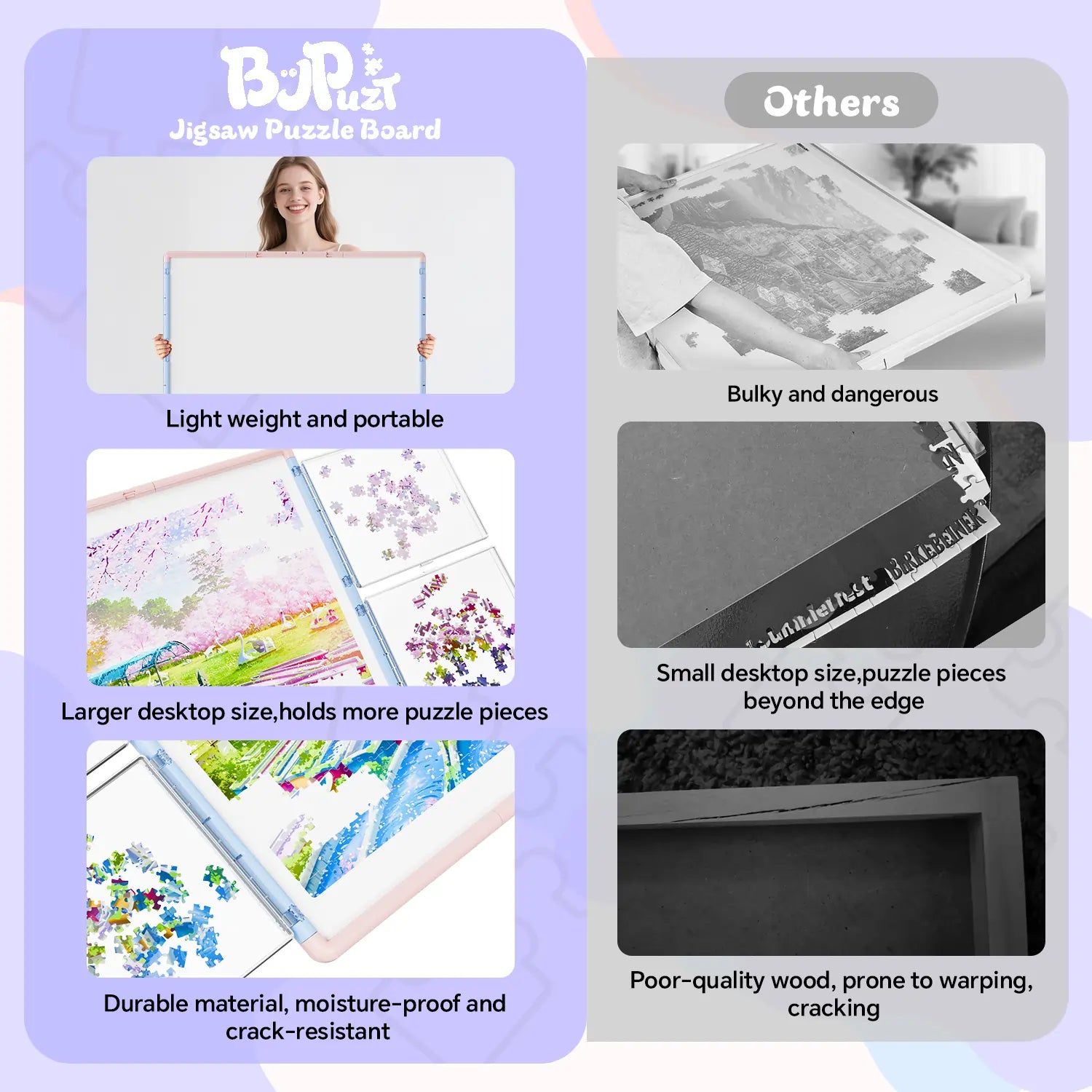 A comparison chart highlighting the benefits of our puzzle board, such as durable, crack-resistant materials and a large desktop, versus other brands.