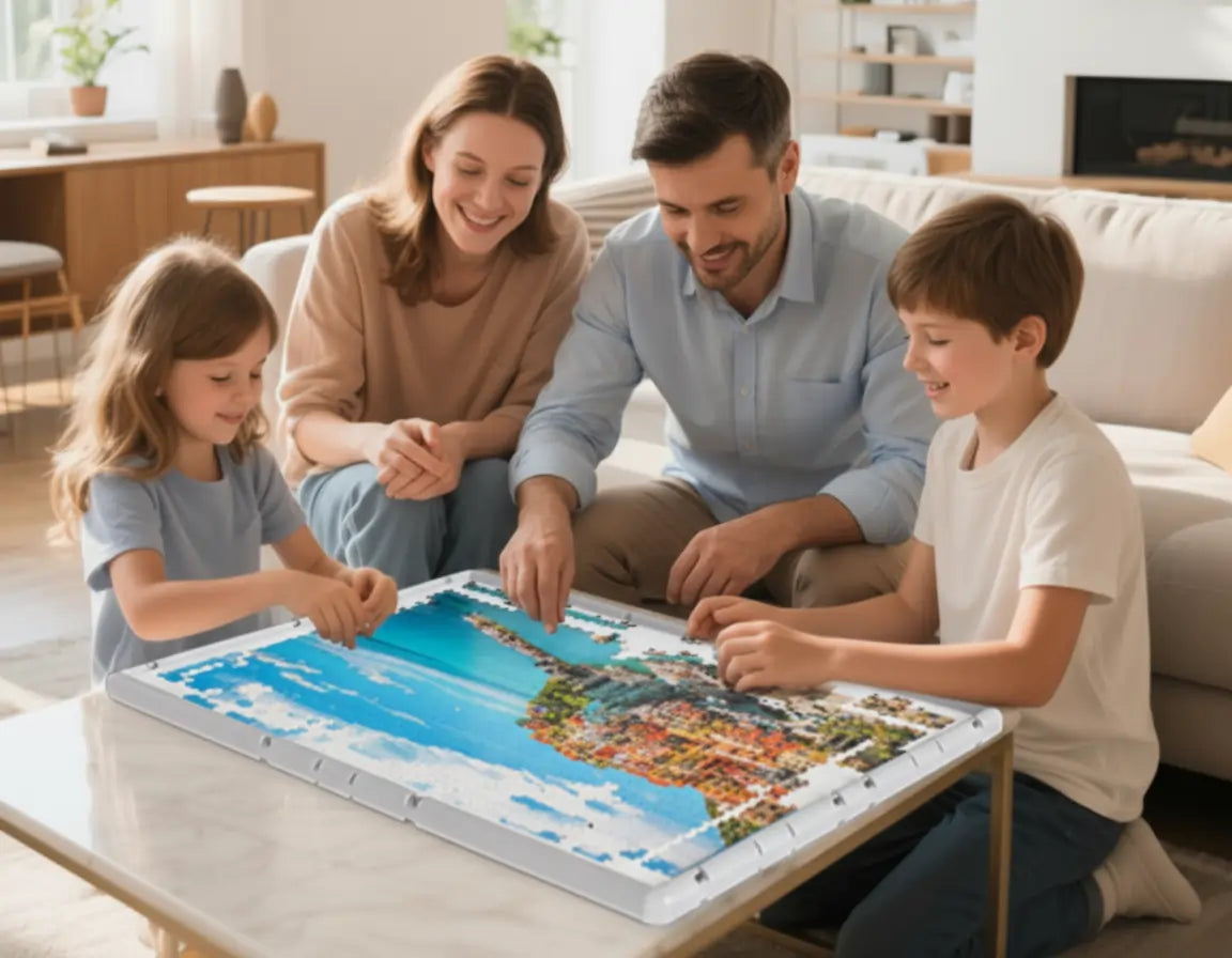 A happy family of four sitting together in their living room, assembling a colorful jigsaw puzzle on a white puzzle board.
